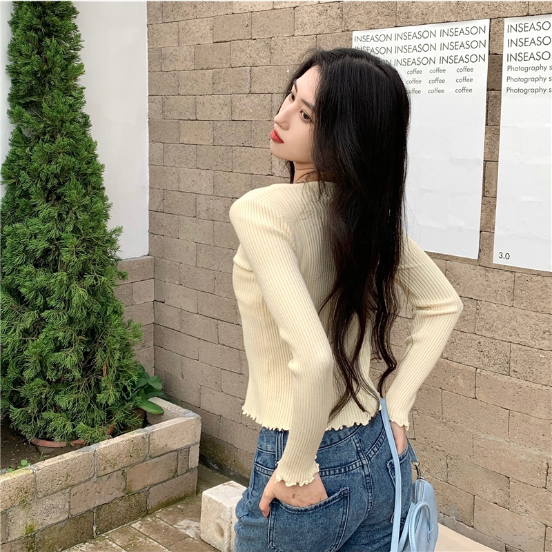 korea warna solid leher bulat kardigan rajut lengan panjang crop top fashion Atasan wanita