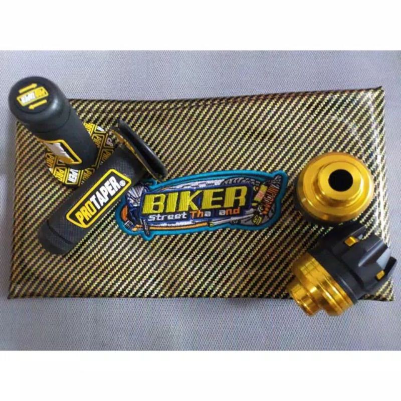 PAKET MURAH Sarung jok Kulit Jok Karbon Biker Plus Jalu As Roda Depan Dan Hanfat protaper Warna GOLD Universal Semua Motor Bebek Matic Beat Scoopy Mio Fino Xeon Soul GT Vario Jupiter Supra Nouvo Spacy Genio X-rider Beat Fi Karbu Street Sporty 110 125 150