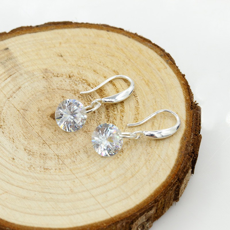 Aksesoris Fashion Wanita: Anting Tusuk Kait Elegan, Zirkon Bulat, Lapis Silver/Perak Rotating Zircon