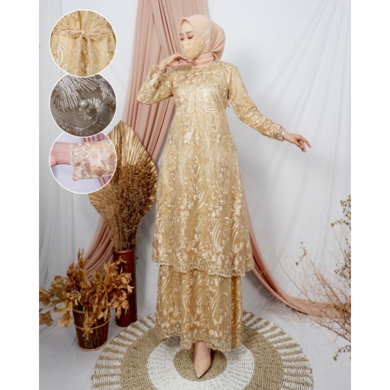 Gamis Brukat Jumbo - Gamis Brukat Malaysia - Gamis Brukat Terbaru  (FREE HIJAB)-Gold