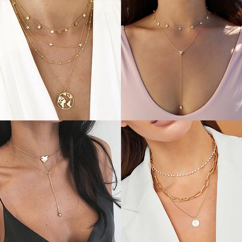 Kalung Choker Rantai Bahan Alloy Warna Emas Gaya Boho Punk Untuk Wanita 2020