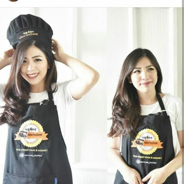 Celemek / Apron &amp; Topi Koki Dewasa Berikut Bordir Logo - Hitam