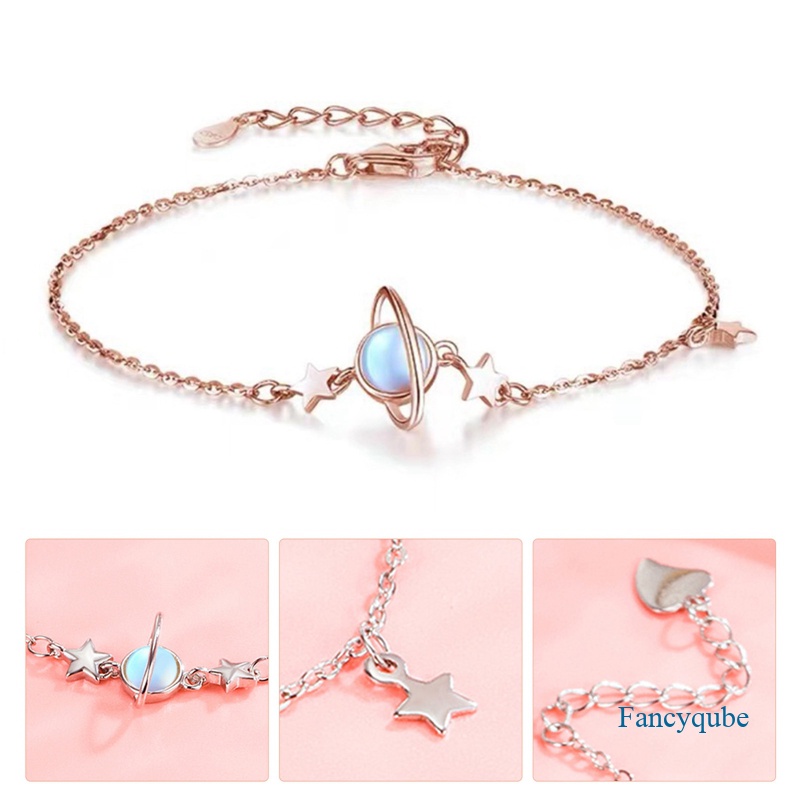 Gelang Tangan Rantai Aksen Batu Bulan + Planet + Bintang + Rumbai Warna Silver Untuk Perhiasan Wanita