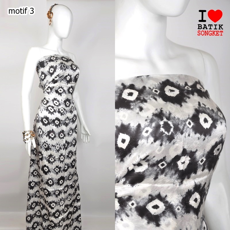 SUTRA 4 METER JUMPUTAN MOTIF 3 PALEMBANG BAHAN KAIN BATIK SASIRANGAN HITAM PUTIH
