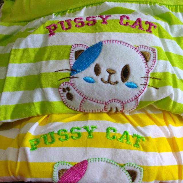 Setelan baju tidur babydoll sleepwear muslim panjang salur pussy cat / hello kitty anak perempuan cewek katun bordir