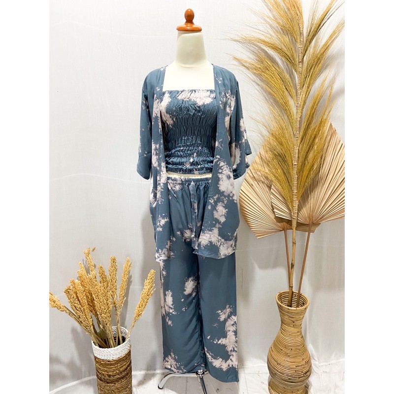 PUSAT FASHION WANITA TERLARIS SETELAN CARDIGAN KEMBEN TIE DIE BALI | VIRAL | KEKINIAN-Abu