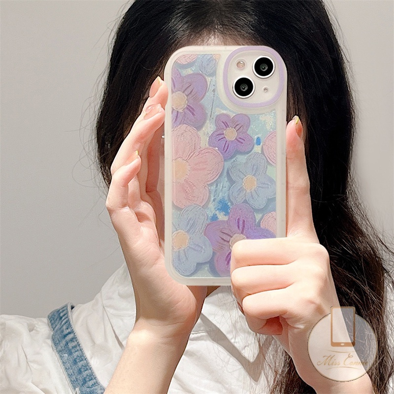 IPHONE Ins Fashion Retro Bunga Ungu Casing Ponsel Kompatibel Untuk Iphone11 7 8 Plus 12 13 11 14 Pro Max X XR XS Max 6 6s SE 2020 Plus Perlindungan Lensa Oval Soft TPU Cover