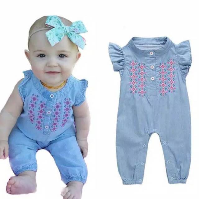 Romper  Panjang  Bayi Perempuan Denim Bordir Cantik Jumper   Romper  Panjang  Bayi Perempuan Denim Bordir Cantik Jumper