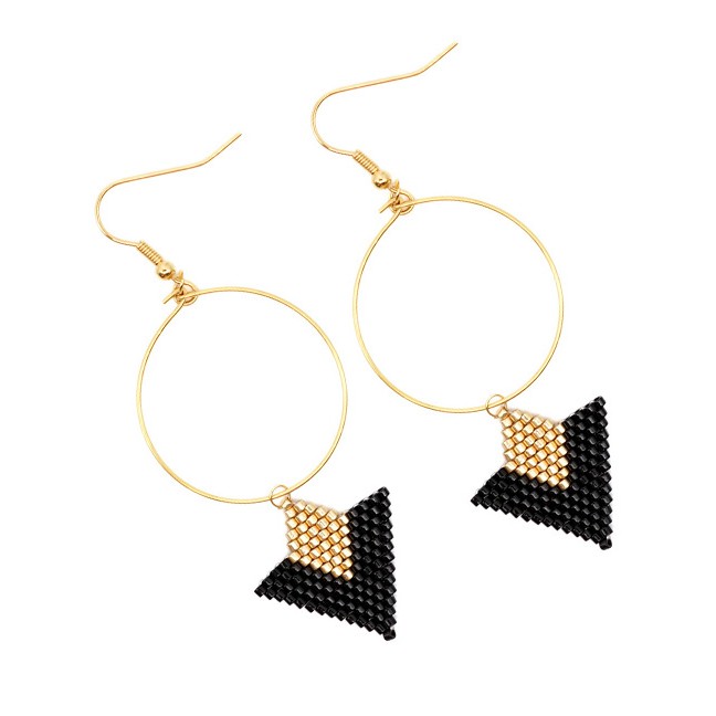 LRC Anting Gantung Fashion Gold Geometric Round Rice Beads Earrings F64116