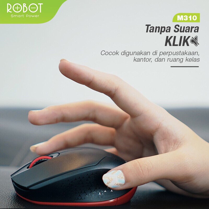 Mouse Wireless ROBOT M310 2.4GHz Silent Optical 1600DPI dengan Receiver USB untuk PC Laptop BLACK