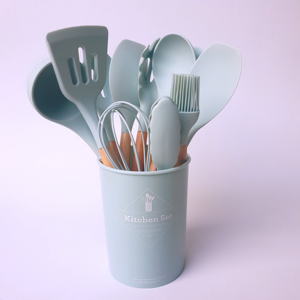 Silikon Spatula Silicone Sodet Alat Masak Set 12pcs Spatula Steak Clip Set Oil Brush Kitchen Cooking-Hijau Muda