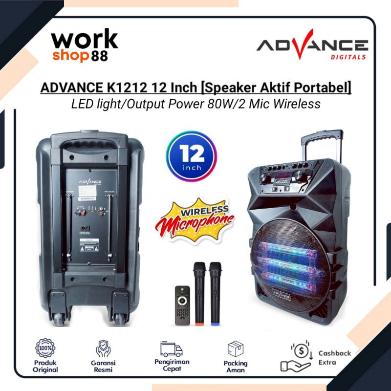 Terbaru Advance K1212 (12 Inci) Speaker Power 80W Portable + Remote + 2 Mic Wireless - New Original 