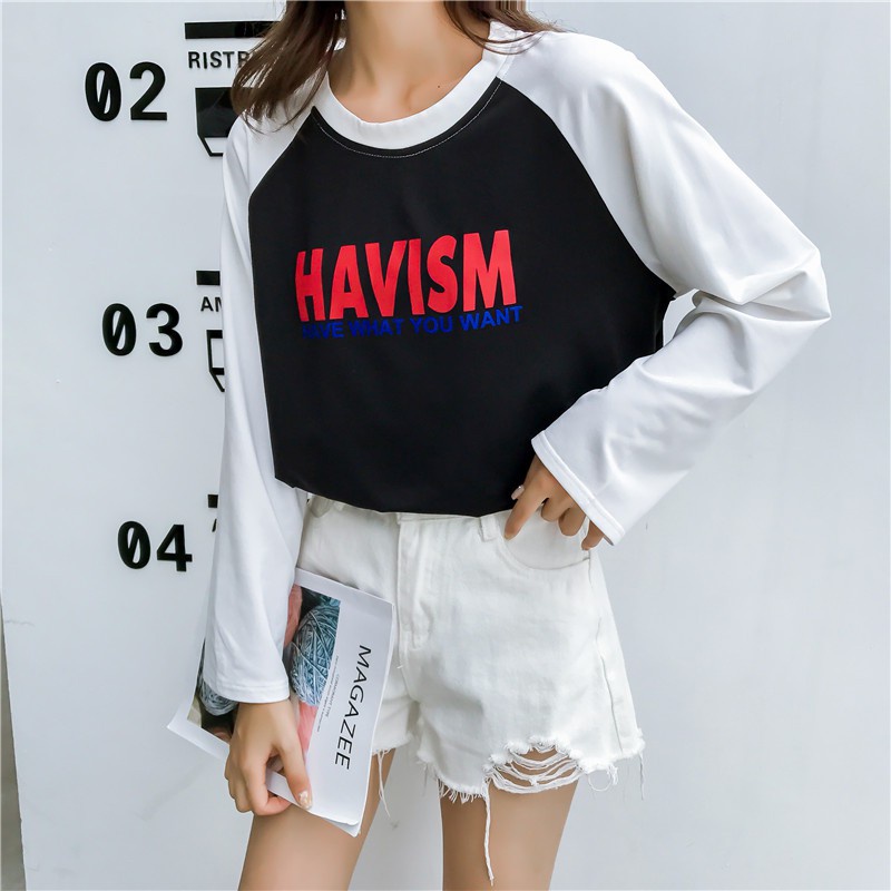 Oversize Tee Import - Tshirt Wanita Model Longgar Motif Tulisan Havism Lengan Panjang