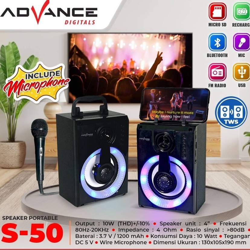 [BISA COD] Speaker Bluetooth Portable ADVANCE S-50 / Speaker Karaoke Plus Mic