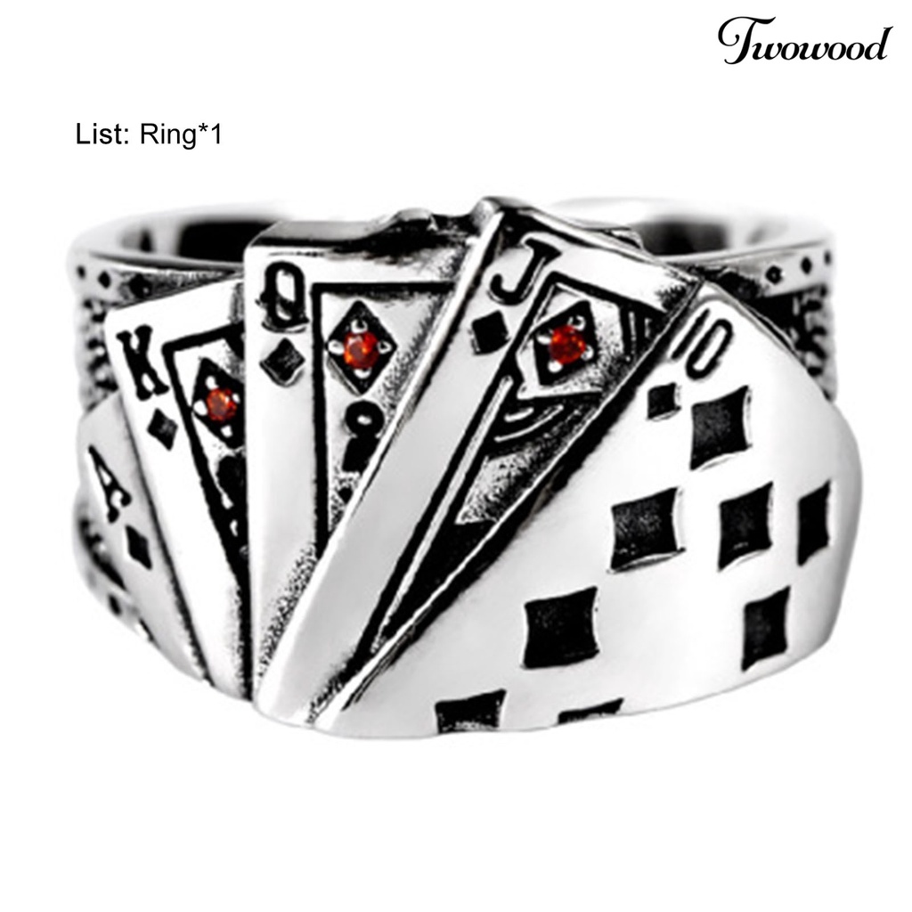 Cincin Model Terbuka Adjustable Desain Kartu Poker Lapis Silver Gaya Punk Untuk Pria