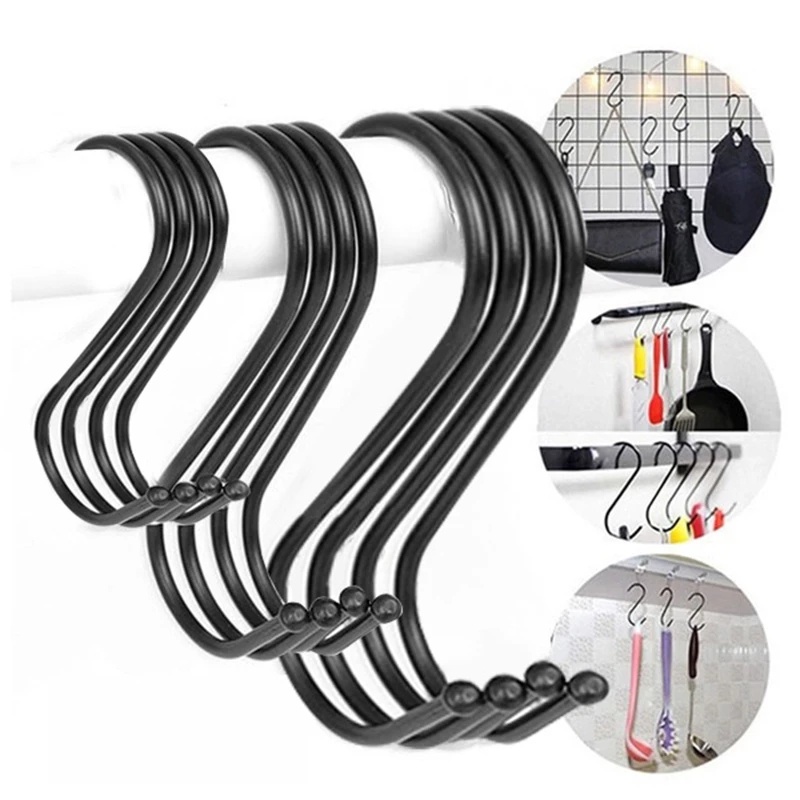 [Home Creative Black S Shaped Storage Hooks][Kitchen Pans Pots Bag Towels Hanging Holder ] [Stainless steel closet organizer ][Multifunction Bathroom KitchenSelf Adhesive Nail-Free Door Hanger Hook]