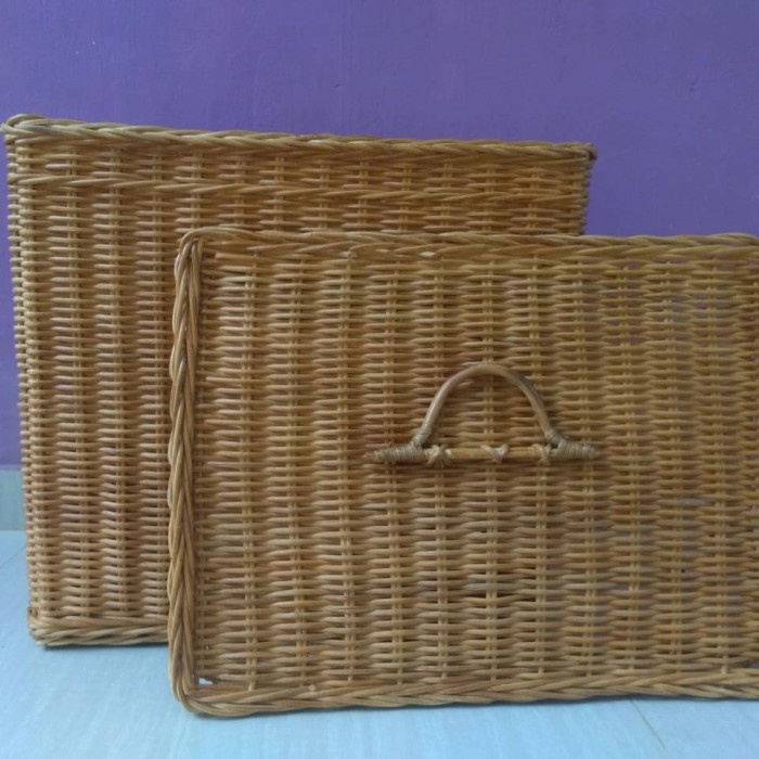 keranjang rotan persegi kotak penyimpanan tutup besar laundry 50x38x45 cm