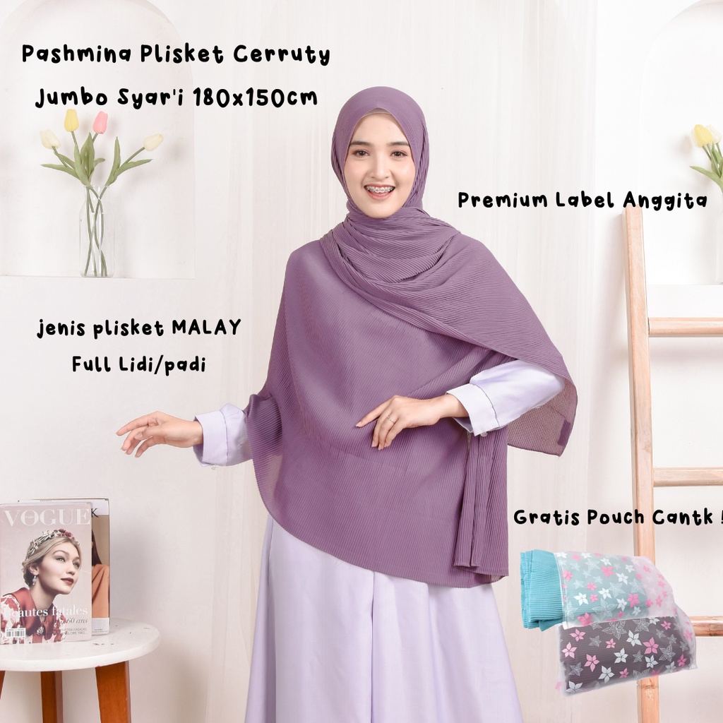 COD | Pashmina Plisket Jumbo Syari  Premium Pasmina Cerruti ceruty jilbab syar'i Malaysia Lidi tanpa