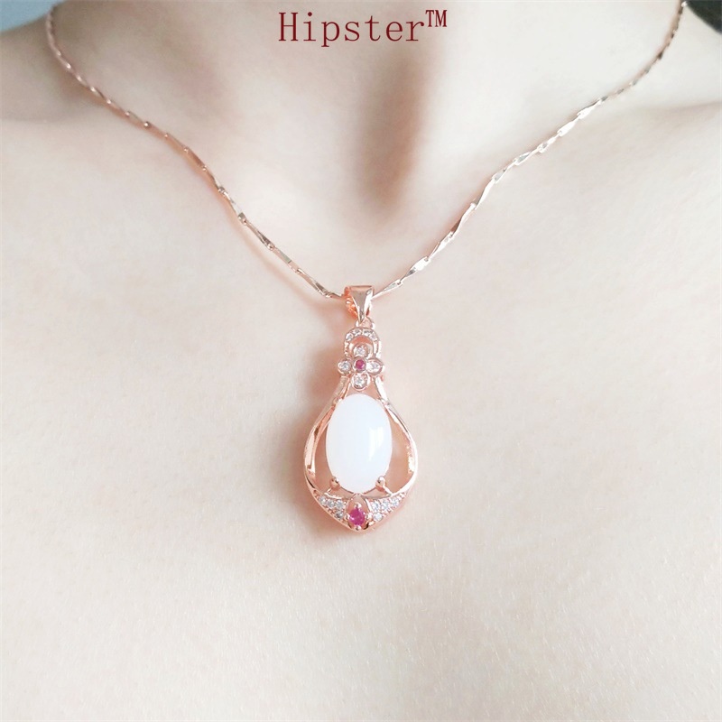 Fashion Classic Hot Sale 18K Rose Gold Full Diamond Pink Jade Pendant Elegant Necklace