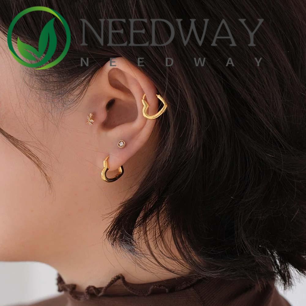 Needway  Wild Hoop Earrings Sweet Fashion Jewelry Piercing Earrings Women Heart Buckle Cute Temperament Girls Simple Copper/Multicolor