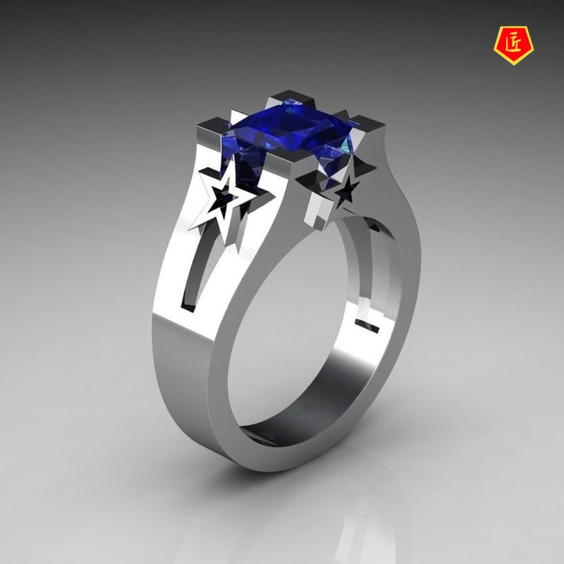 [Ready Stock]Luxury 18K Gold Inlaid Sapphire Ring Simple Personality