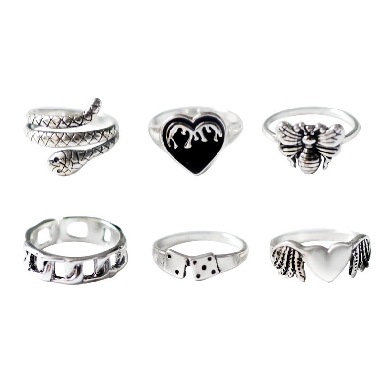 Fancyqube 6pcs Cincin Desain Hati Api Ular Lebah Warna Silver Gaya Punk Untuk Wanita