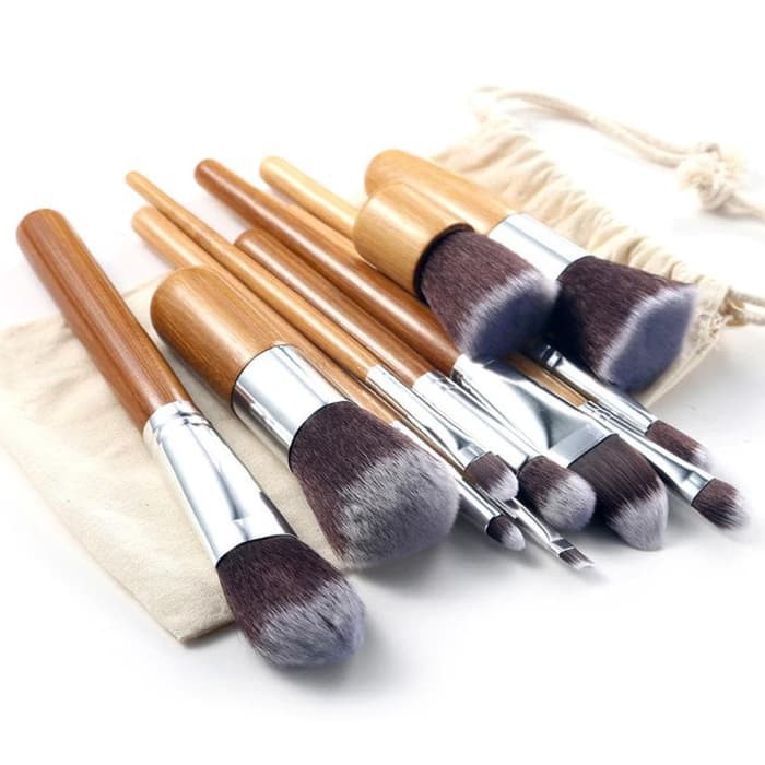 [COD] 11pcs Kabuki Wooden Brush | Kuas Make Up Gagang Kayu Bulu Super Lembut dengan Pouch Lucu