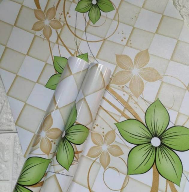 WALLPAPER DINDING MOTIF BUNGA HIJAU CREAM 10m x 45cm