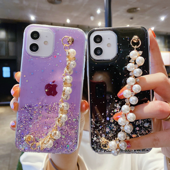 Soft Case Transparan Aksen Gelang Mutiara Berlian Untuk Iphone 11 12 Pro Max Xs X Xr 7 8 Plus 7 + 8 + Se 2020