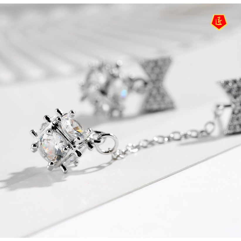 [Ready Stock]925 Silver Bow Diamond Asymmetric Long Earrings