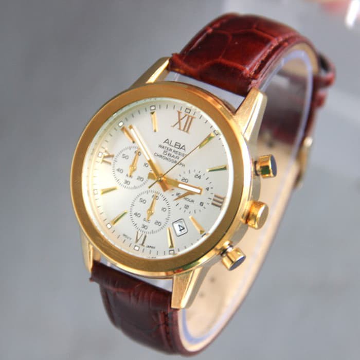 Jam Tangan Pria / Cowok Alba Chrono Sk580 Leather Brown Kombi Gold