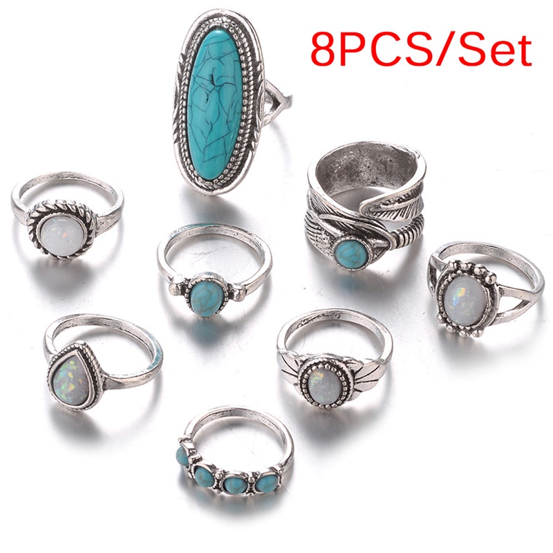 8pcs / Set Cincin Buku Jari Aneka Bentuk Warna Silver Gaya Bohemian Untuk Wanita