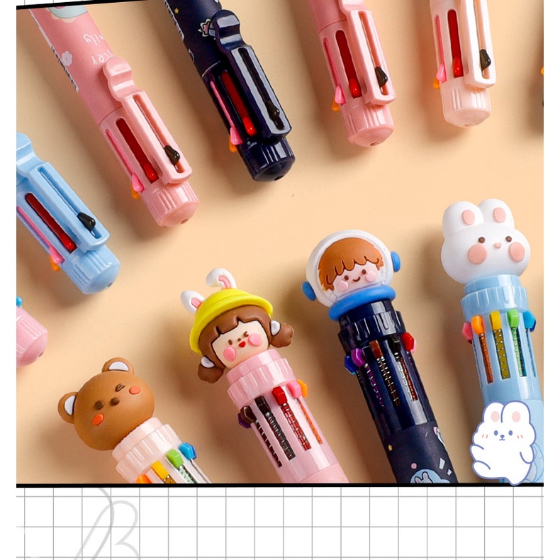 Bulpoin Pena Pulpen Ballpoint Multi Warna Cute Design Multicolor 10 in 1 / 8 in 1 Perlengkapan Menulis Untuk Anak Anak Dewasa Alat Tulis Sekolah Kerja Model Tekan Souvenir Hadiah Model Bear Cute Girl Dino Rabbit Astronaut