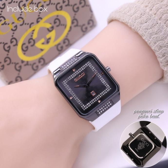Jam tangan wanita gucci rubber kotak body hitam