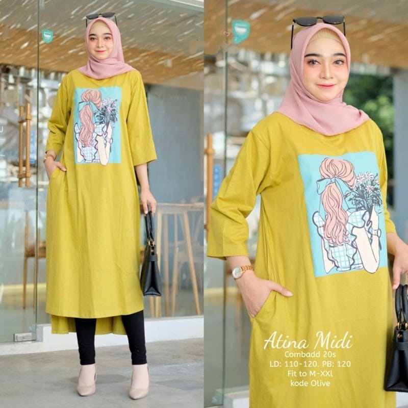 MIDI DRESS ATINA BAHAN KAOS KATUN COMBED 24S APLIKASI SABLON UKURAN M , L , XL , XXL MIDI DRESS MUSLIM / MIDI DRESS WANITA JUMBO / KAOS KATUN COMBED LENGAN PANJANG WARNA BLACK , PINK , BLUE , LIME , LILAC , BATA