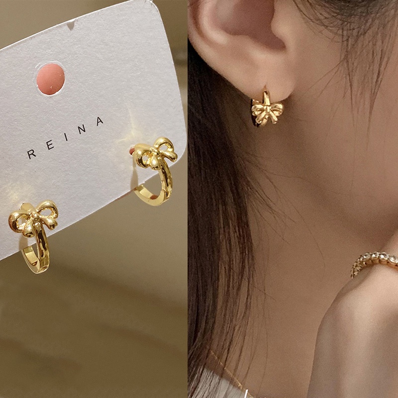 Anting Tusuk Lapis Emas 18K Model Pita Mini Untuk Wanita