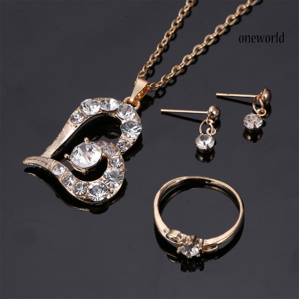 OW@ Luxury Love Heart Pendant Rhinestone Necklace Ring Earrings Women Jewelry Set