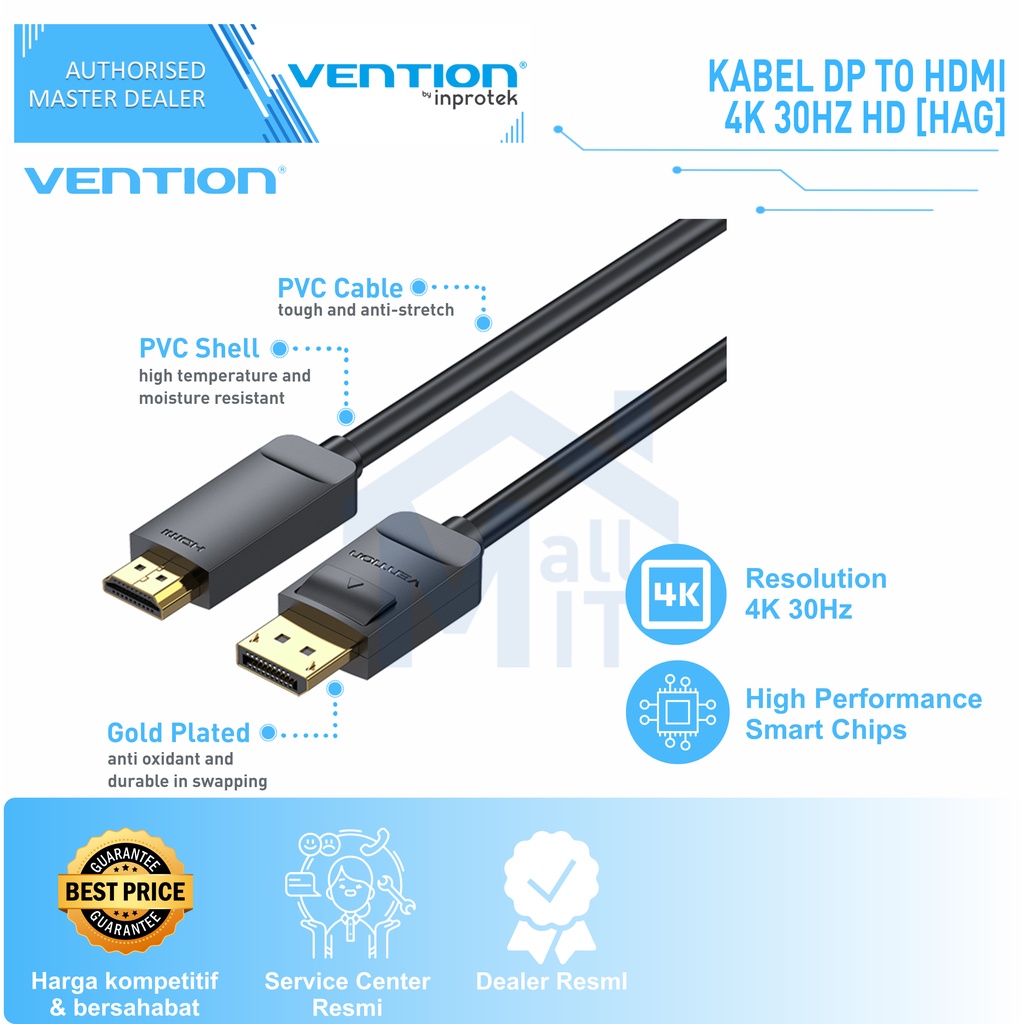 ( Bisa Cod ) Vention Kabel DisplayPort DP to HDMI 4K 30Hz Converter Cable HAG