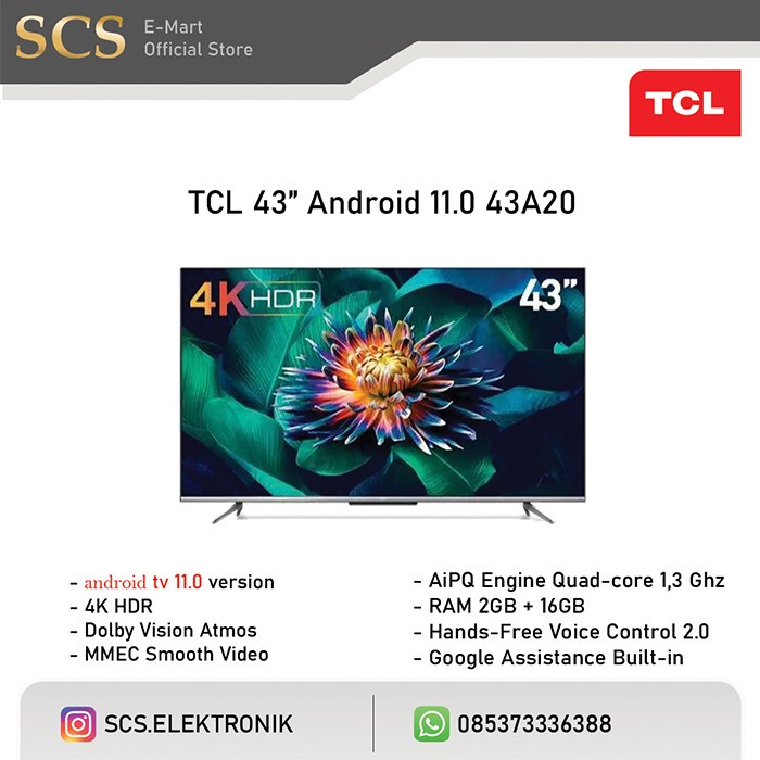 TCL 43A20 Android 11 4K UHD TV TCL 43 inch 11.0 Dolby Atmos