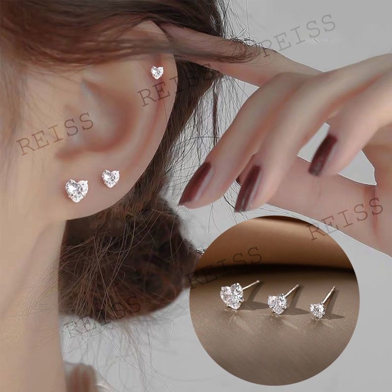 100% S999 Silver Earrings Berlian Hati Hypoallergenic kancing zirkon Anting Jarum Telinga Need Tongkat Dasar Sederhana Tindik Anting Helix  Harian Minimalis