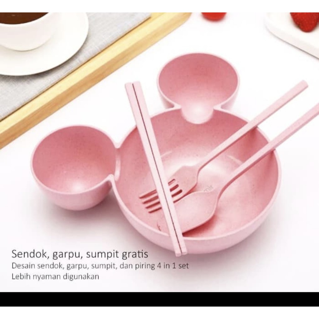 NEW SET 4 IN 1 JERAMI Mangkok Mickey Minnie Set Sendok Garpu Sumpit GRATIS TEMPAT