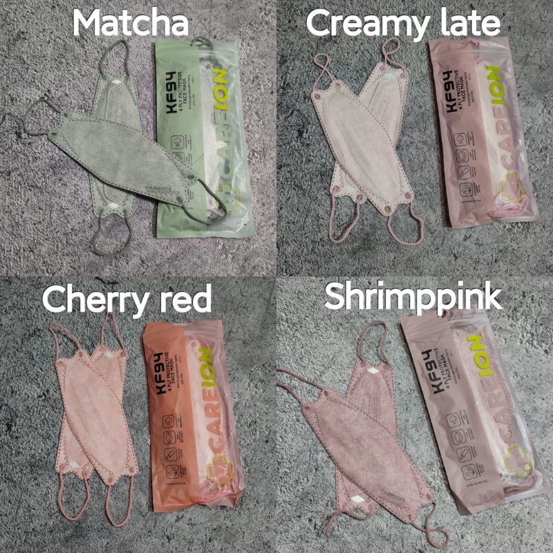 READY KF CAREION KF94 CARE ION 4 PLY EARLOOP ISI 10 LBR MIX WARNA CEWEK CREAMY LATTE MATCHA SHRIMP PINK SOFT SHRIMP CHERRY RED