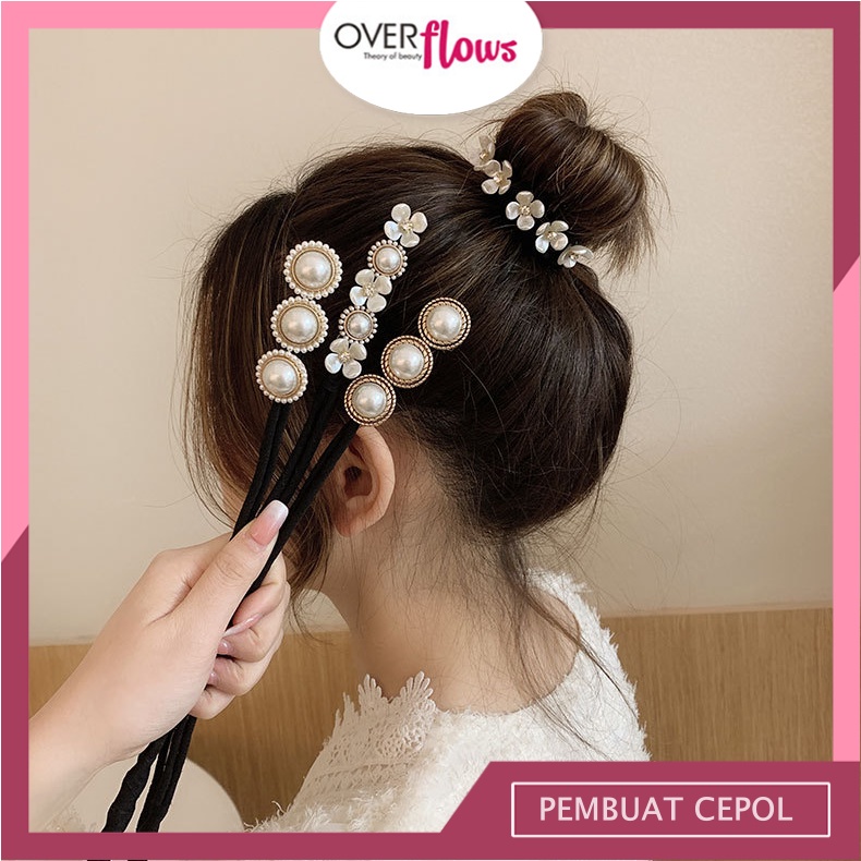 OVERFLOWS.ID Ikat Rambut Jepirtan Rambut Sanggul Hair Bun Tie Kawat Jepit Korea Retro Elegant Pearl Flower Hair Rope