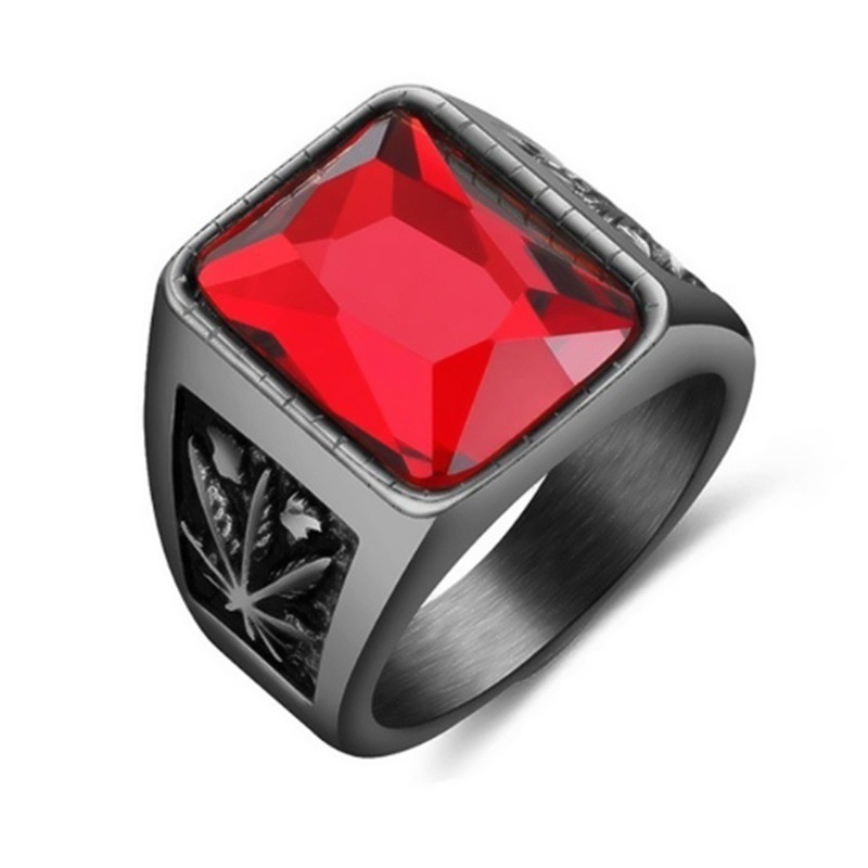 Cincin Ruby Hitam Bentuk Daun Maple Bahan Stainless Steel Gaya Vintage Untuk Pria