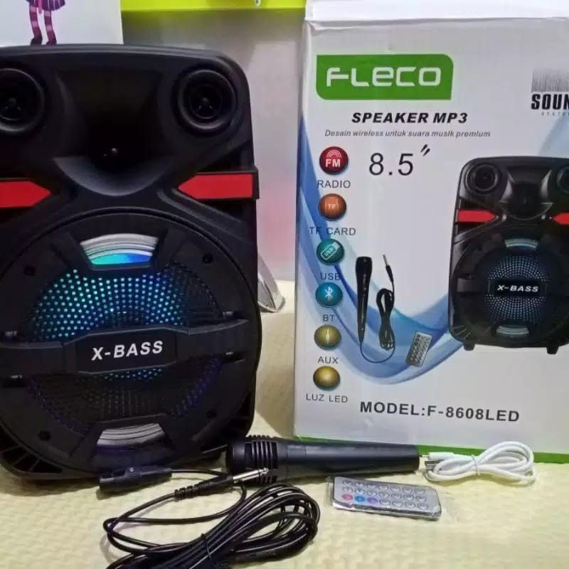 SPEAKER BLUETOOTH FLECO 8'5 INCH F-8608LED FREE MIC KAROKE + REMOTE