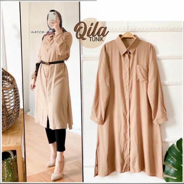 Tunik Terbaru QILA FULL KANCING BUSUI MUSLIM FASHION BAHAN KATUN POLY Cream R9F4 Bagus Awet Casual B