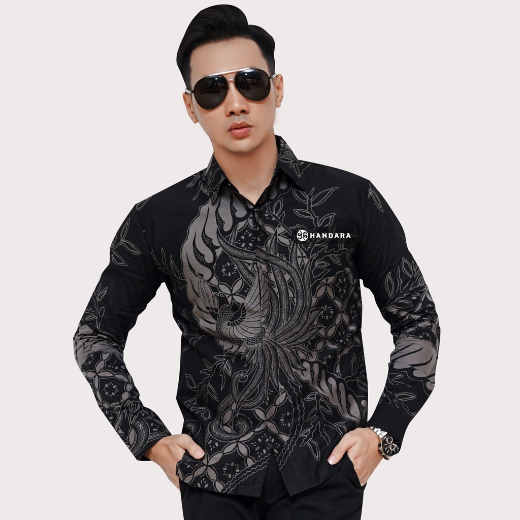 Baju Kemeja Batik Pria Lengan Panjang Slim Fit Premium Modern Full Furing Katun Halus Original Handara Motif Peksi Ulir Hitam HB-133