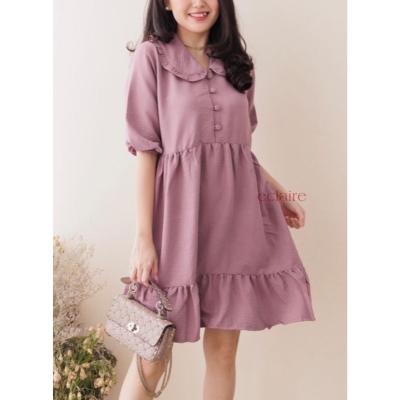 ECLAIRE - Korean Crinckle Collar Dress Wanita / Dress Midi