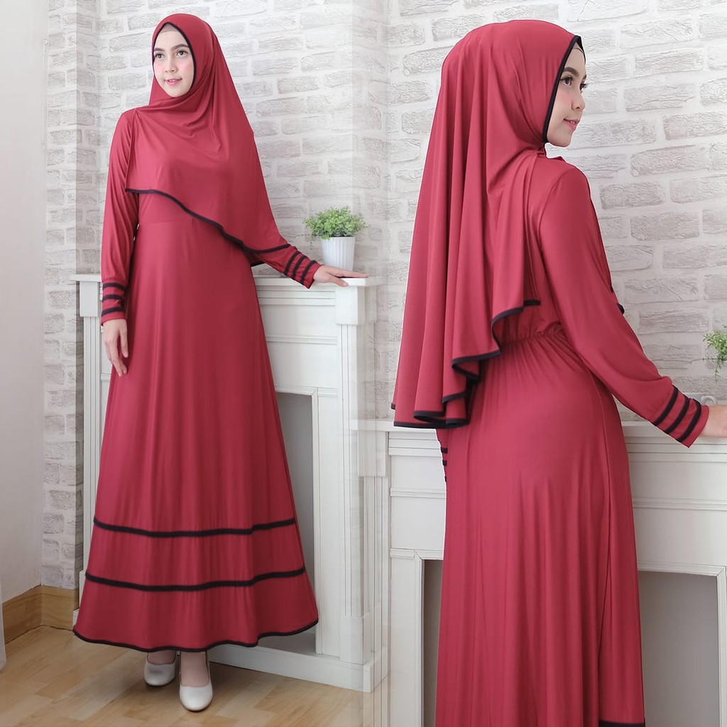 Syfarose gamis syari 1 set 20 warna ( dapat jilbab ) baju muslim / busana Size L & XL-Maroon Lis Hitam