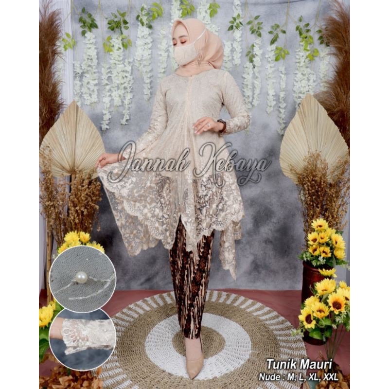 Kebaya Tunik Modern Tile Panjang Muslimah / Kebaya Pesta  Kondangan Wisuda Muslimah / Kebaya Set-Cream
